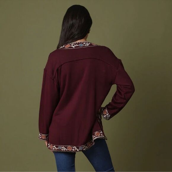 Soft Surroundings Embroidered Maroon Open Front Cardigan Size Medium - Picture 10 of 15